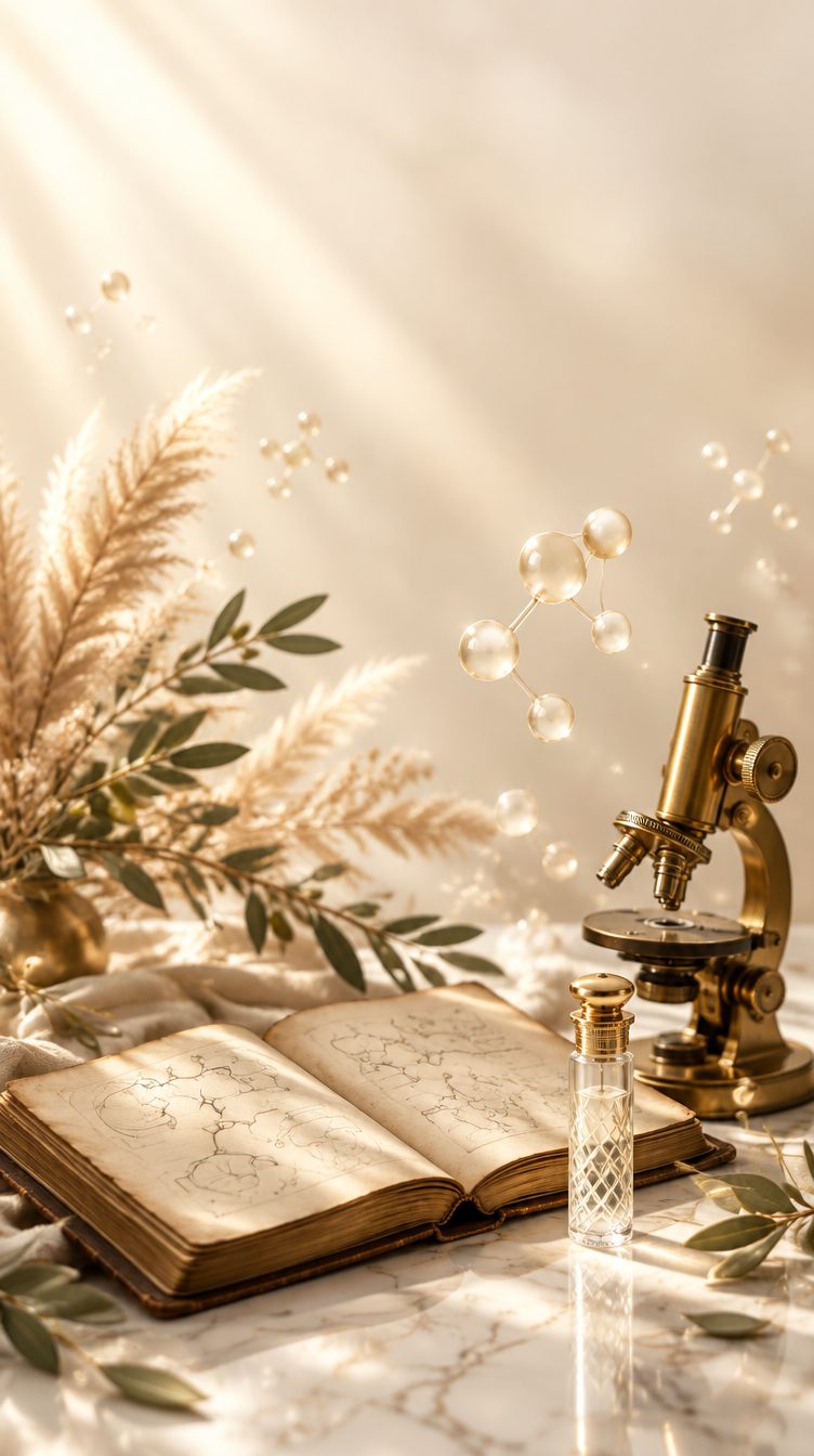 Brass microscope, open research notebook and glass molecules in soft sunlight
